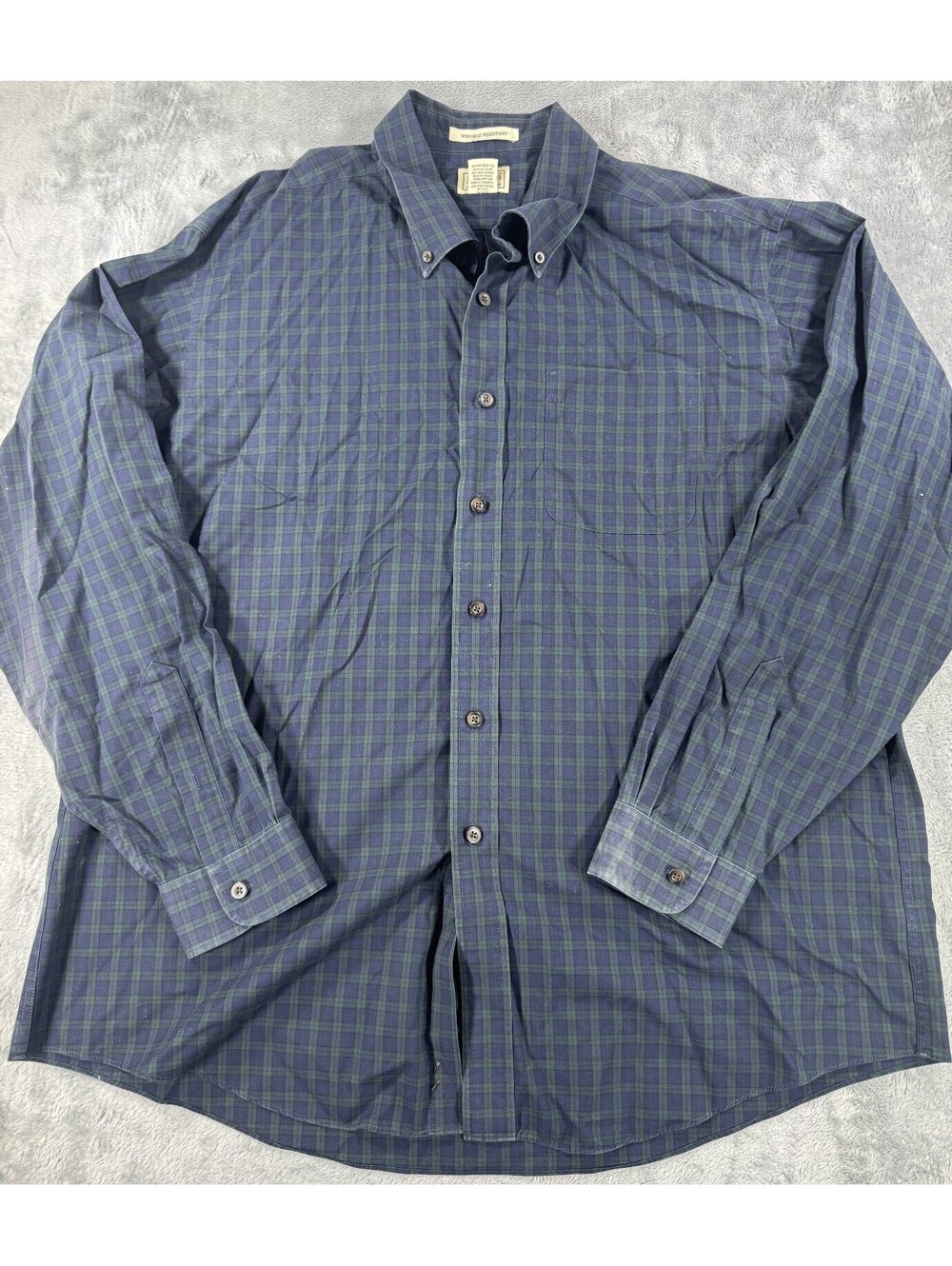 L.L. Bean Blue Green Mens Plaid Oxford Shirt 100% Cotton Wrinkle Resistant Sz XL